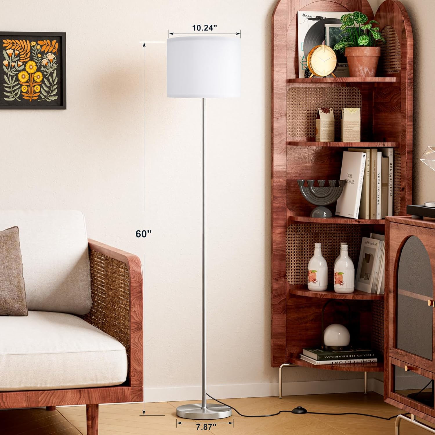 Ambimall 60'' Modern Floor Lamp with Shade, Tall Lamps for Living Room, Bedroom, Office, Dining Room, White Shade with Silver Pole(Without…