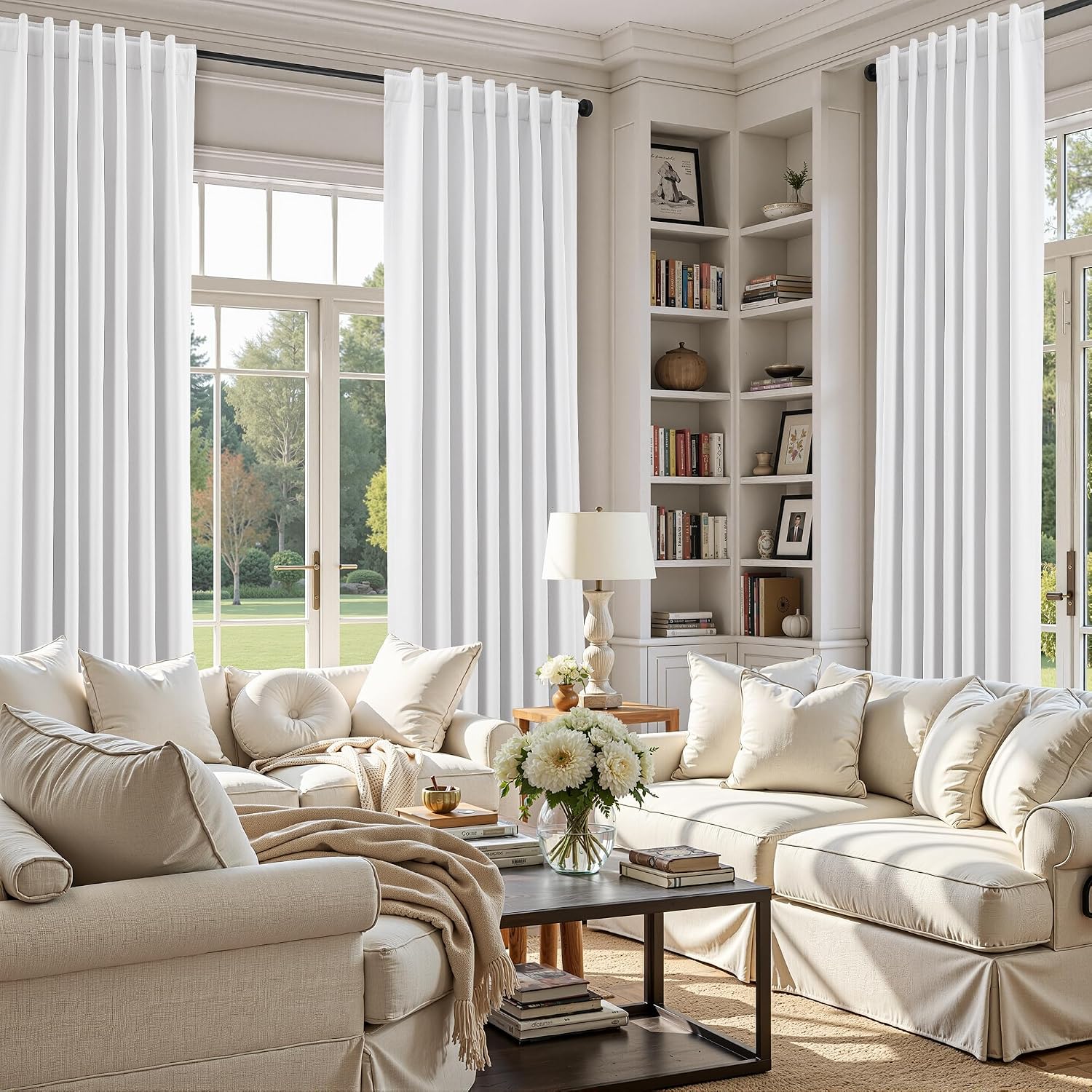 Nanspring White Linen 100% Blackout Curtains, 120 Inch Length 2 Panels Set Burg Extra Long 10 Ft Back Tab Pocket Drapes Cotton Textured Tot…