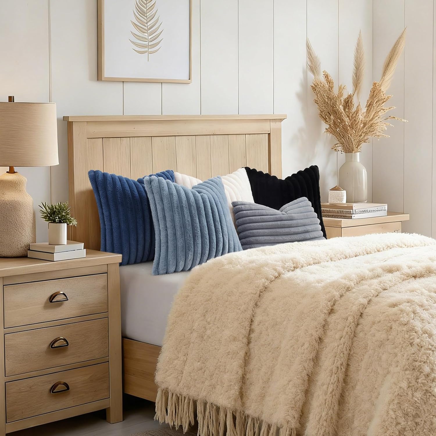 decorUhome Cozy Faux Fur Throw Pillow Covers 20x20 Set of 2 Decorative Soft Plush Striped Modern Farmhouse Boho Couch Pillow Cases with Vel…