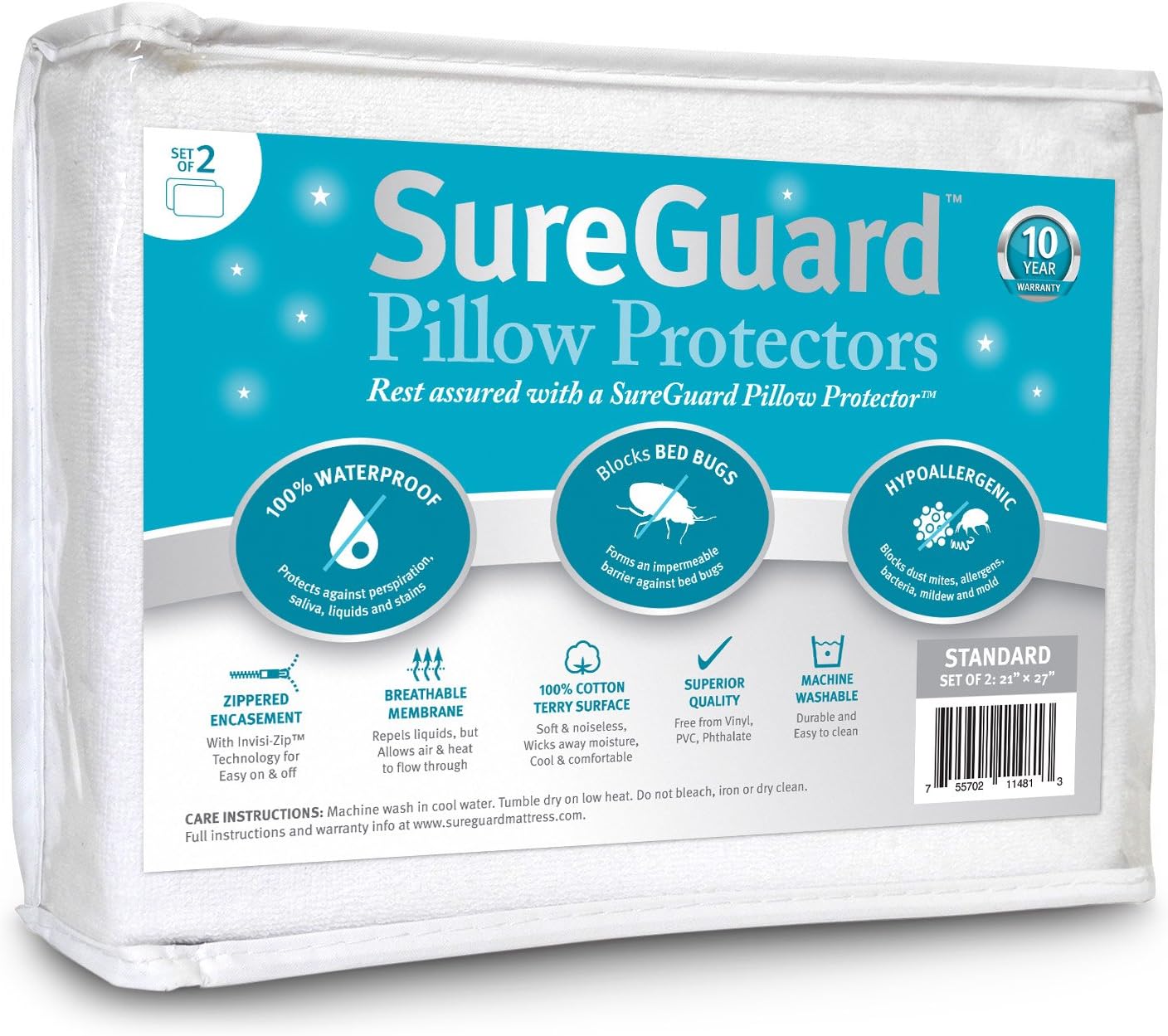 SureGuardMattressProtectors SureGuard Set of 2 Standard Size Pillow Protectors - 100% Waterproof, Bed Bug Proof, Hypoallergenic - Zippered…