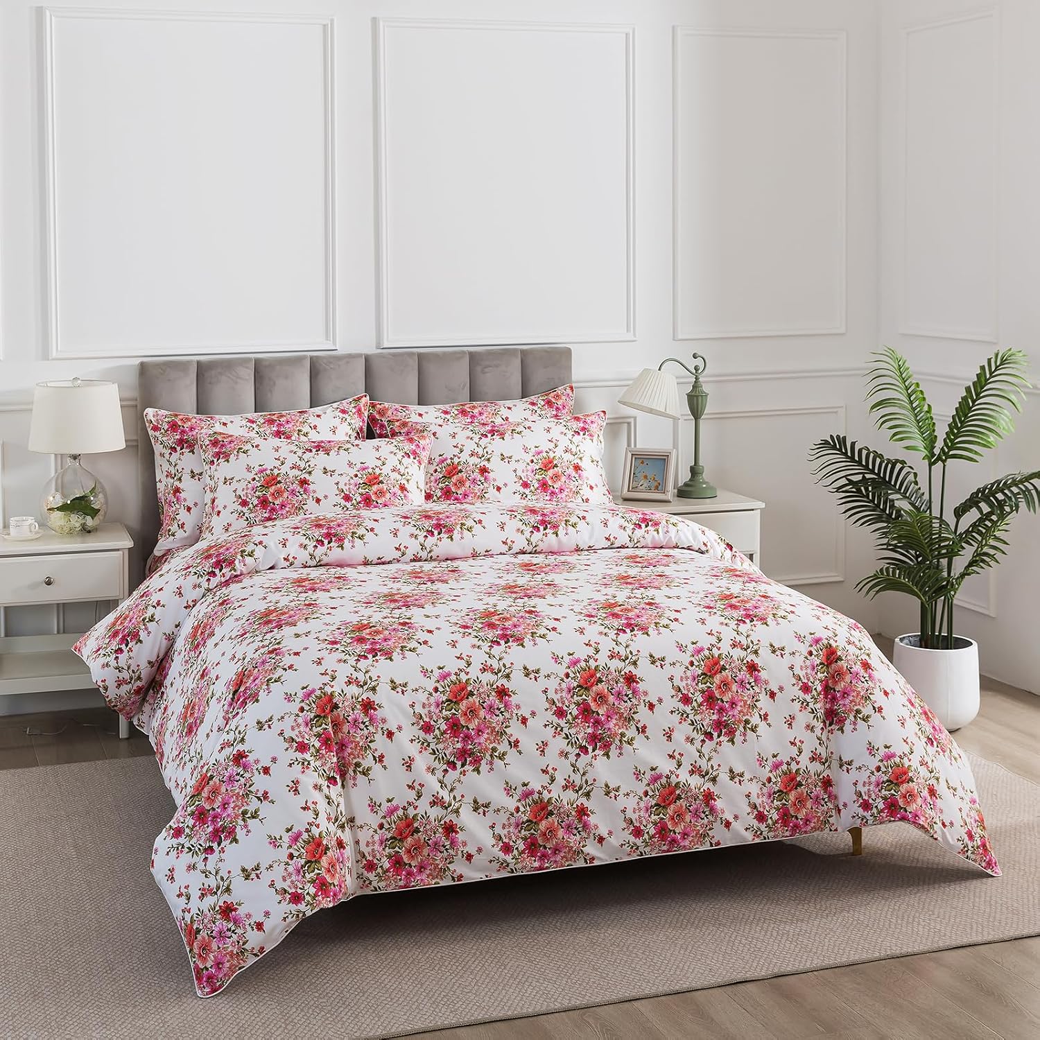 Puralens Pink Floral Boho Duvet Cover King Size 100% Cotton 3Pcs Set, White Percale Reversible Shabby Red Flower Print Chic Duvet Covers, C…