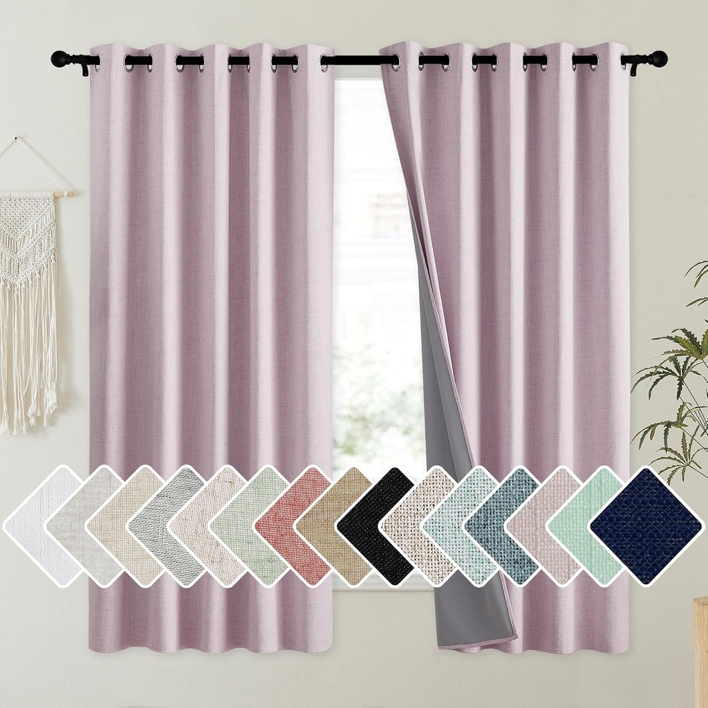 NICETOWN Pink Vintage Linen 100% Blackout Curtains for Kitchen, Thermal Insulated Curtains 63" Long, Noise Reducing Window Treatment…