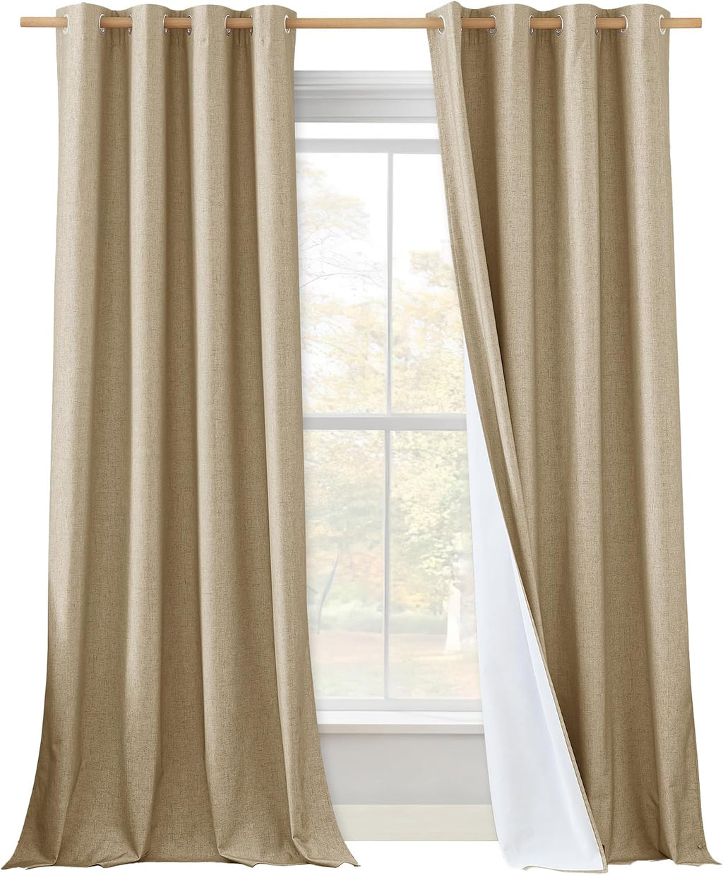 NICETOWN 100% Absolutely Blackout Linen Curtains with Thermal Insulated White Liner, Camel, W52 x L120, 2 Panels, Textured Linen Look…