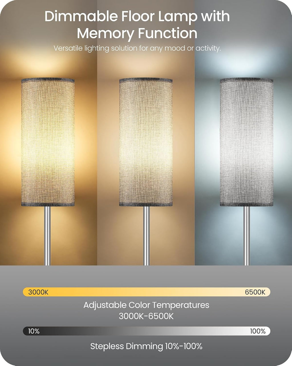Dimmable Floor Lamps for Living Room with Remote and Foot Switch, 64.4” Modern Standing Tall Lamp, Corner Lamp for Bedroom, Office, Bulb…
