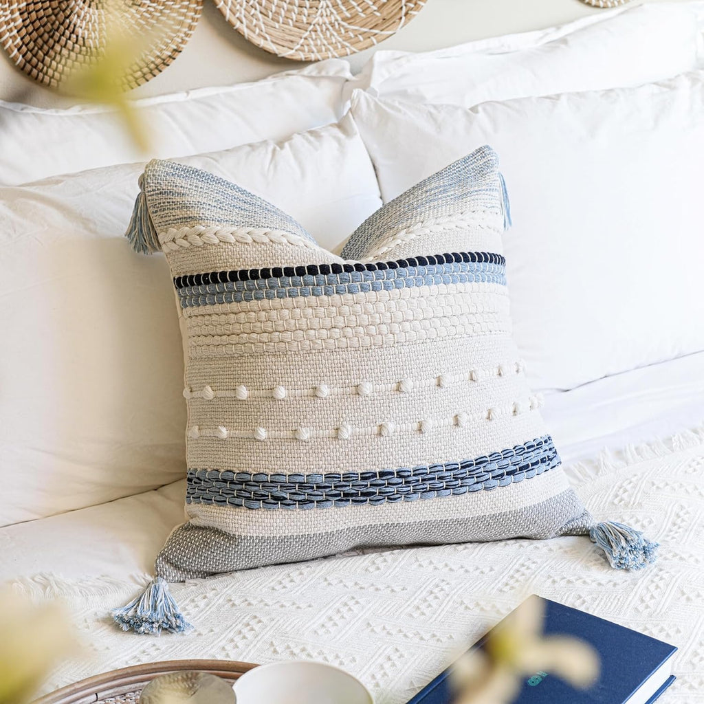 BlissBlush Coastal Blue Boho Decorative Throw Pillow Cover 20x20 Modern Bohemian Accent Pillow Case Square Woven Textured Farmhouse…