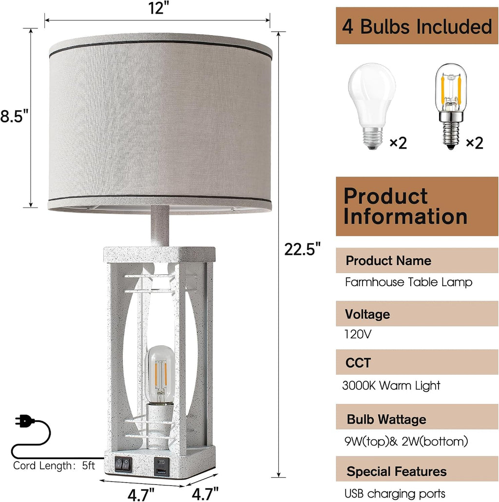 SRJJA Farmhouse Table Lamps Set of 2 for Living Room, Modern Industrial Bedside Lamps with USB A+C Charging Ports, 22.5" Dual Light…