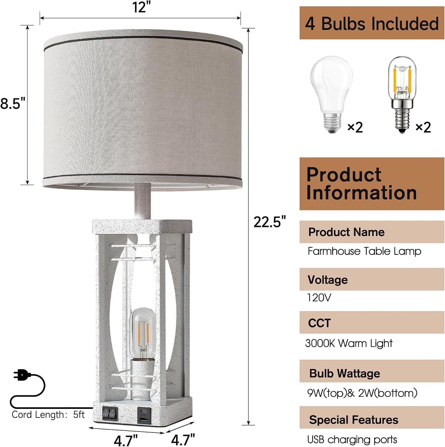 SRJJA Farmhouse Table Lamps Set of 2 for Living Room, Modern Industrial Bedside Lamps with USB A+C Charging Ports, 22.5" Dual Light…