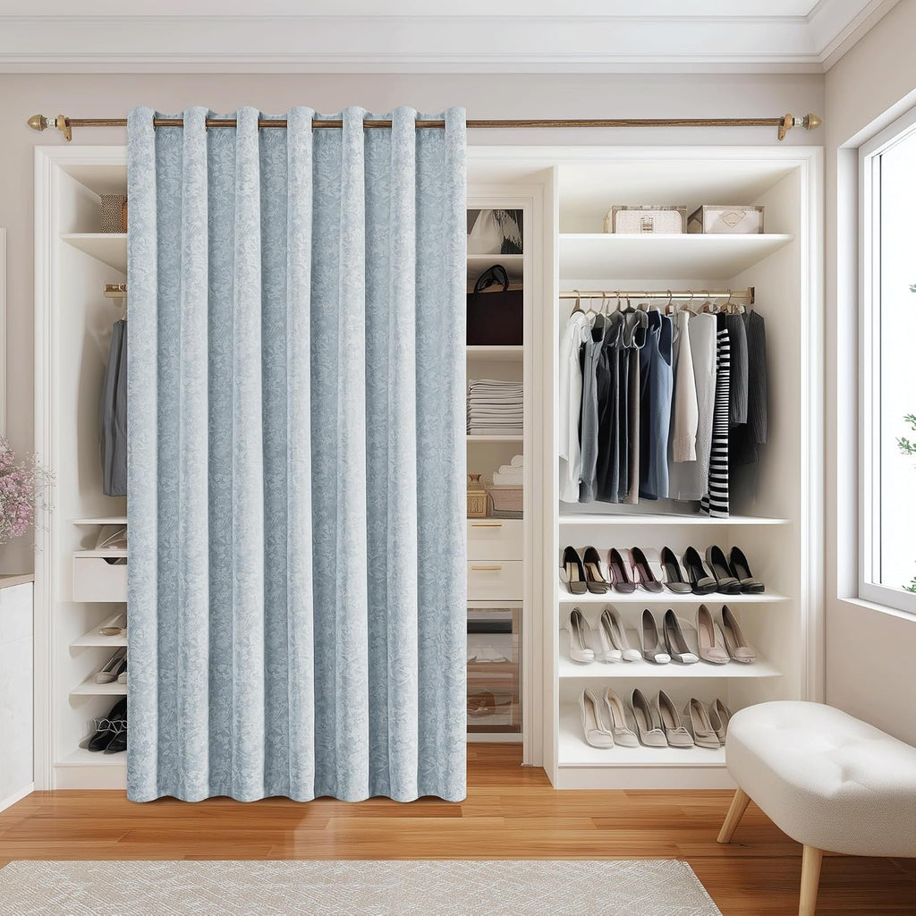 Beauoop Blue Floral Jacquard Blackout Curtains 84 Inches Long for Patio Sliding Door Extra Wide Chenille Flower Divider Room Darkening…