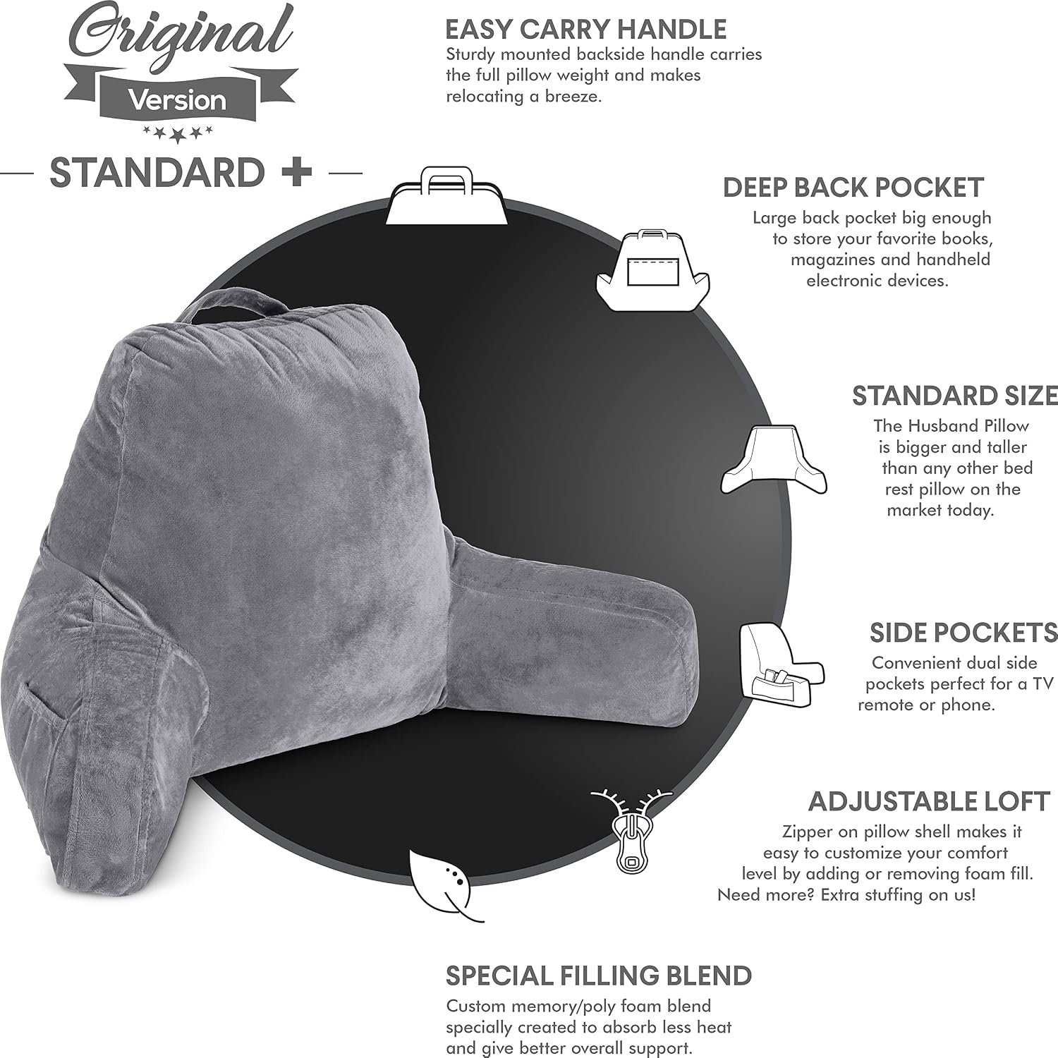 HusbandPillow Husband Pillow Dark Grey, Standard+ Original Reading Pillow in Bed Rest Chair, Shredded Memory Foam Large Lounge Cushion Adul…