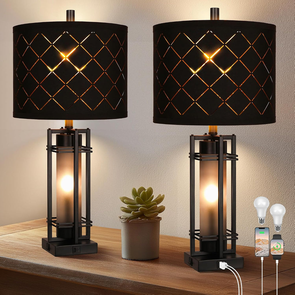 Modern Table Lamp Set of 2, Nightstand Lamps with Black Grid Shade, Bedside Lamps with USB A+C Charging Ports, Decorative Table Lamp…