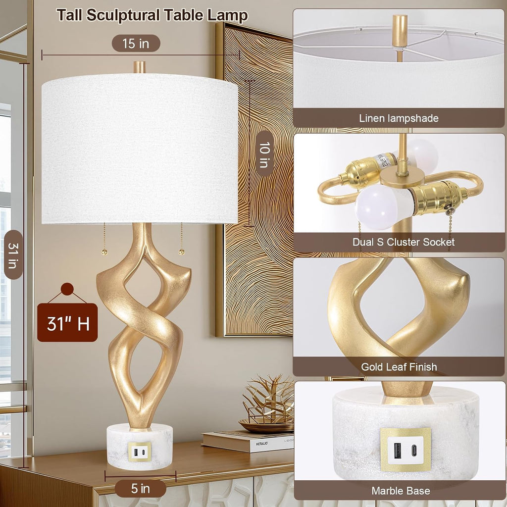 Scenekoy Sculptural Resin Table Lamp Set of 2 with USB Ports for Bedroom Living Room, 31” Big Gold Leaf Marble Base Bedside Lamps, Pull…