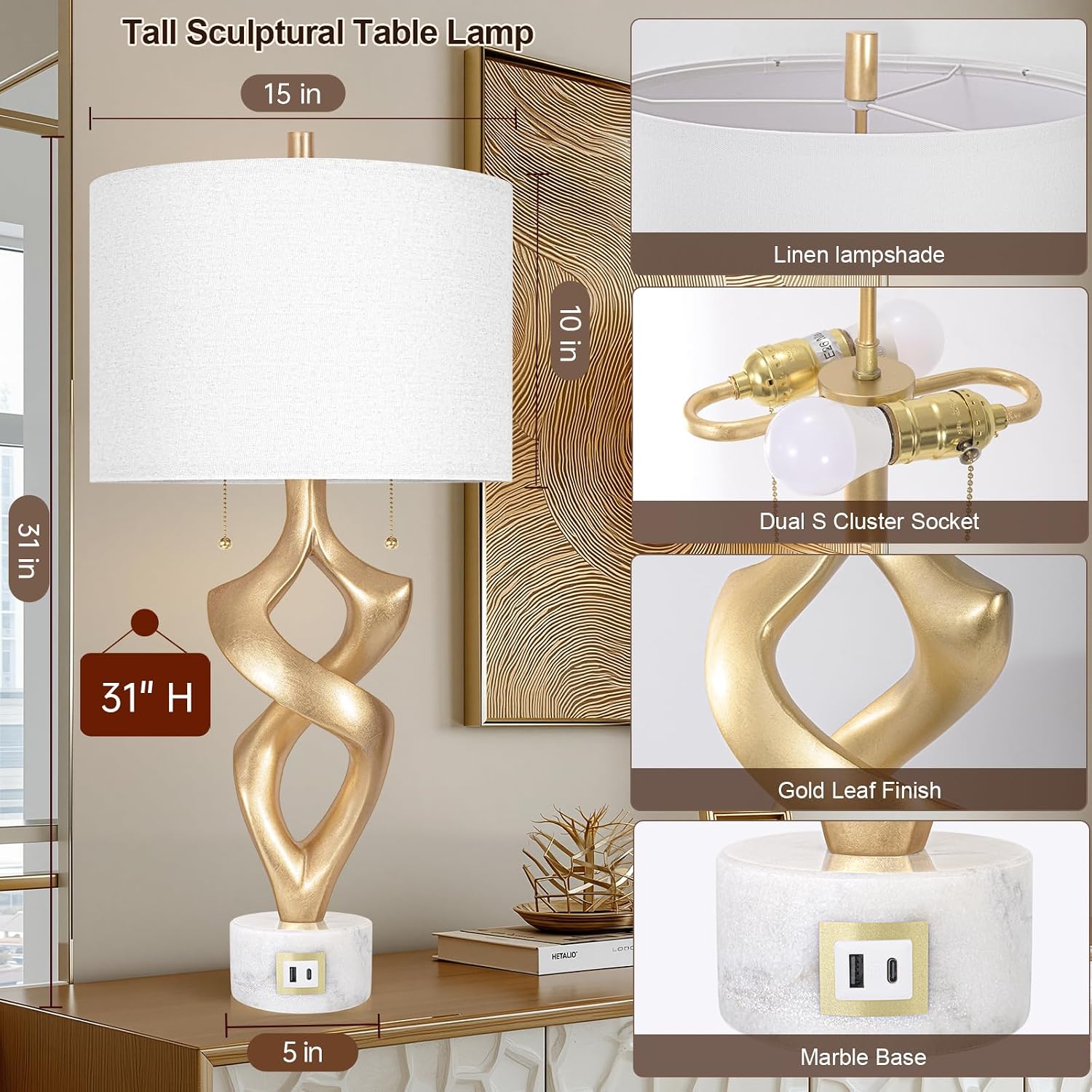 Scenekoy Sculptural Resin Table Lamp Set of 2 with USB Ports for Bedroom Living Room, 31” Big Gold Leaf Marble Base Bedside Lamps, Pull…