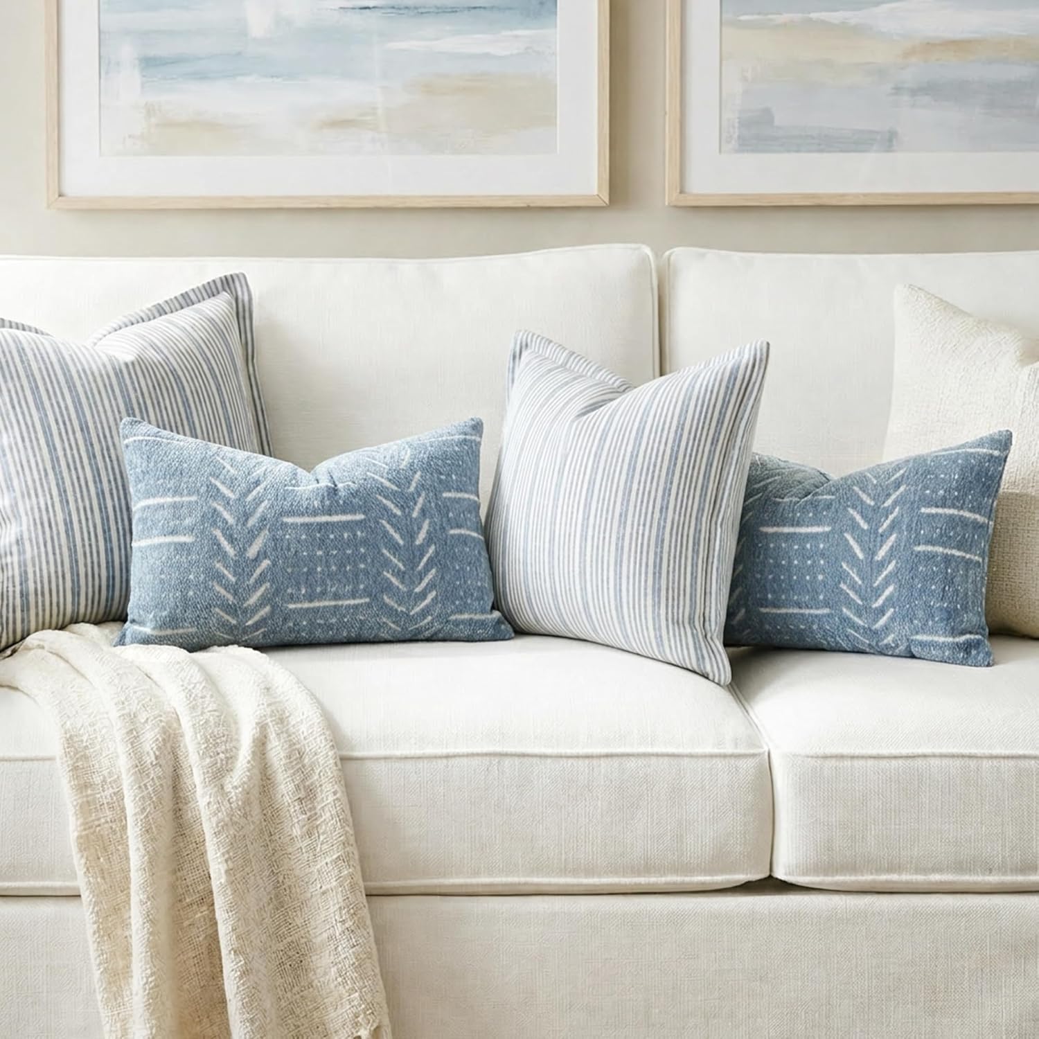 BlissBlush Coastal Blue Decorative Lumbar Pillow Covers 12x20 Set of 2, Soft Woven Chenille Accent Pillow Covers for Couch Sofa Bed…