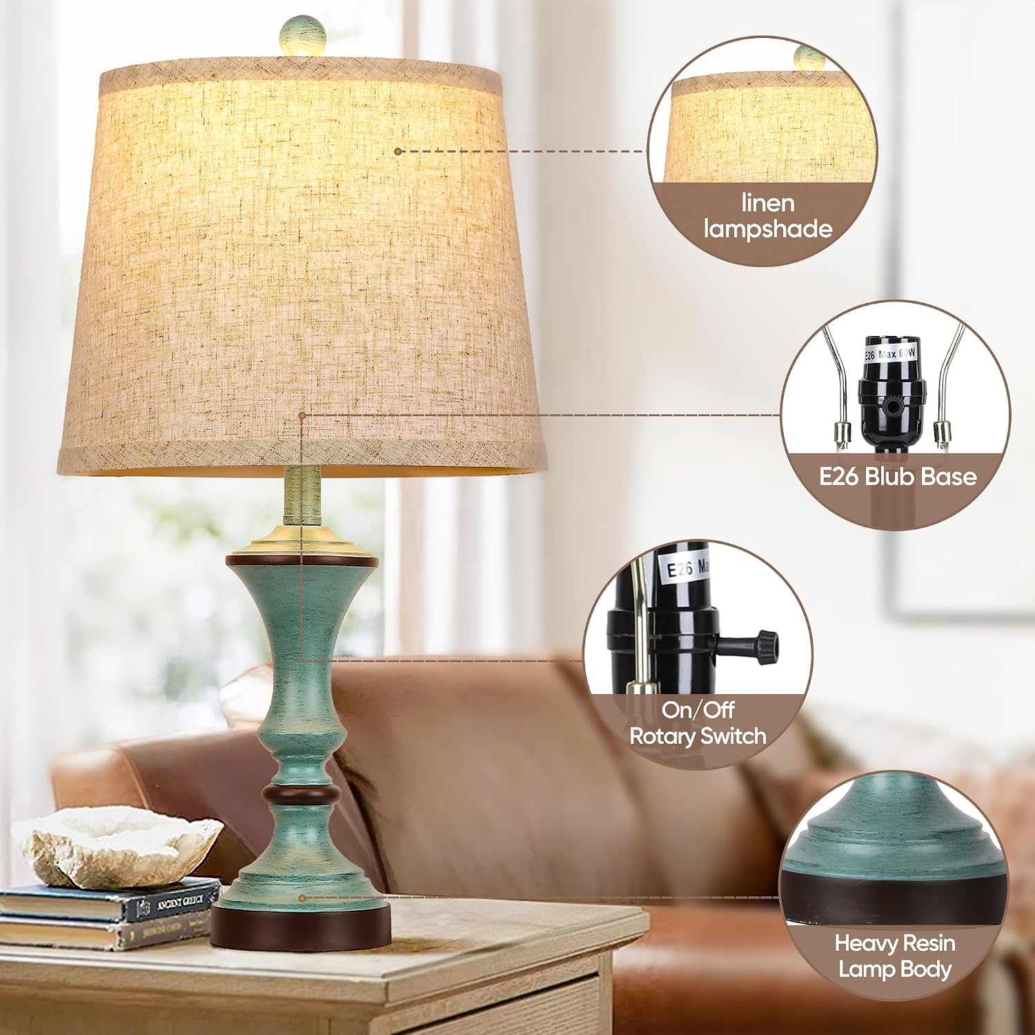 ROTTOGOON Retro Table Lamps Set of 2 Nightstand Lamp for Bedroom Vintage Rustic Table Lamps for Living Room Traditional Nightstand…