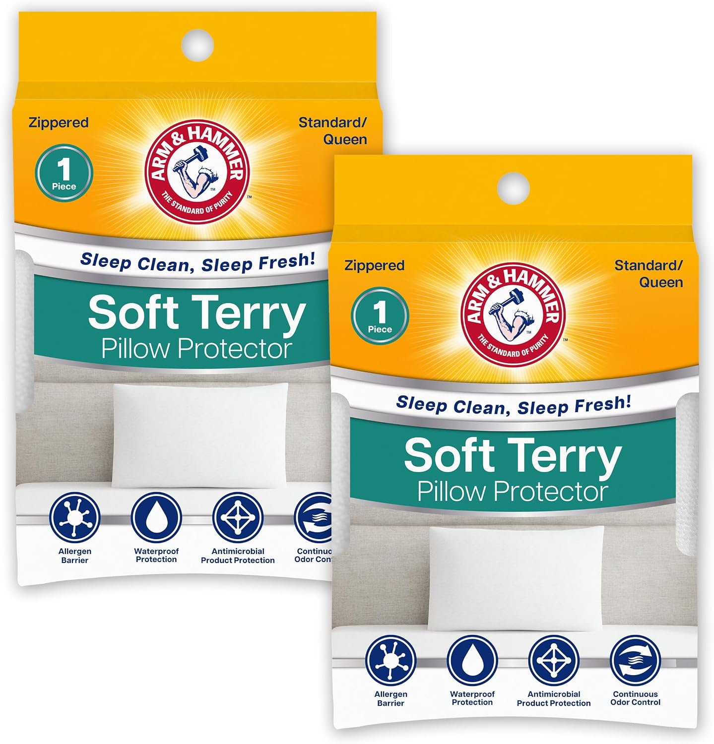 Armhammer Arm & Hammer Soft Terry Body Pillow Protector, Waterproof, Zipper Closure, White, Standard/Queen, 2-Pack White