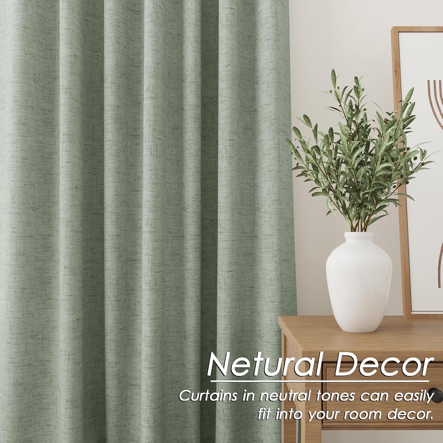Nanspring Desert Sage 100% Blackout Linen Curtains for Bedroom 90 Inches Long Back Tab Thermal Insulated Modern Farmhouse Decor Black Out C…