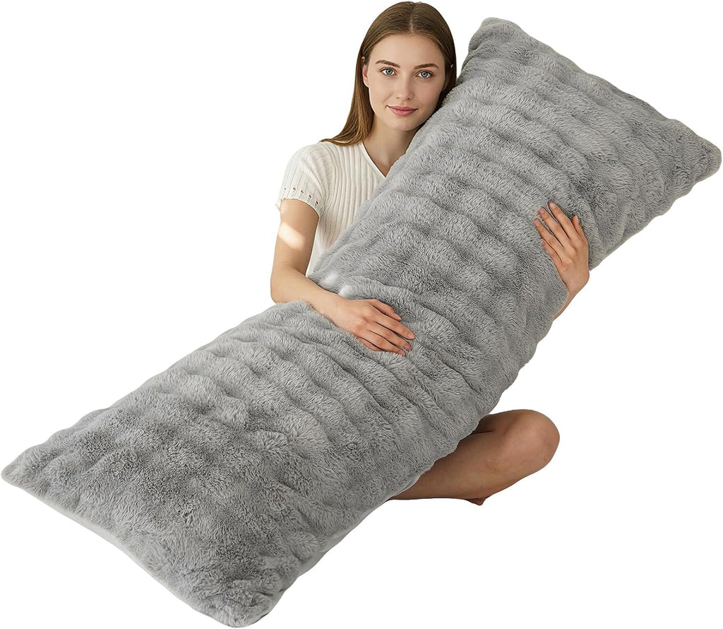 Memfydu Full Body Pillow with Fluffy Bubble Waffle Carved Faux Fur Removable Cover, Long Bed Pillow Adult 20x54 Inches for Side Sleeper and…
