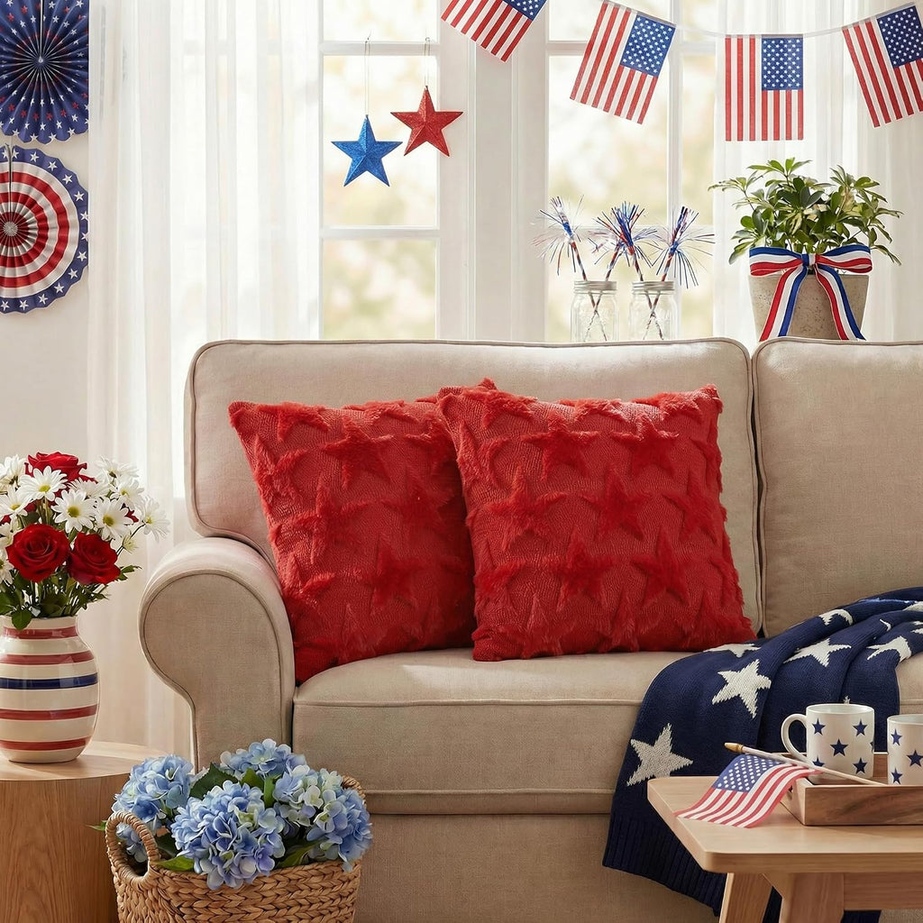 AVOIN colorlife 4th of July Stars Red Patriotic Throw Pillow Covers, 20 x 20 Inch Independence Memorial Day Soft Plush Faux Fur Jacquard…