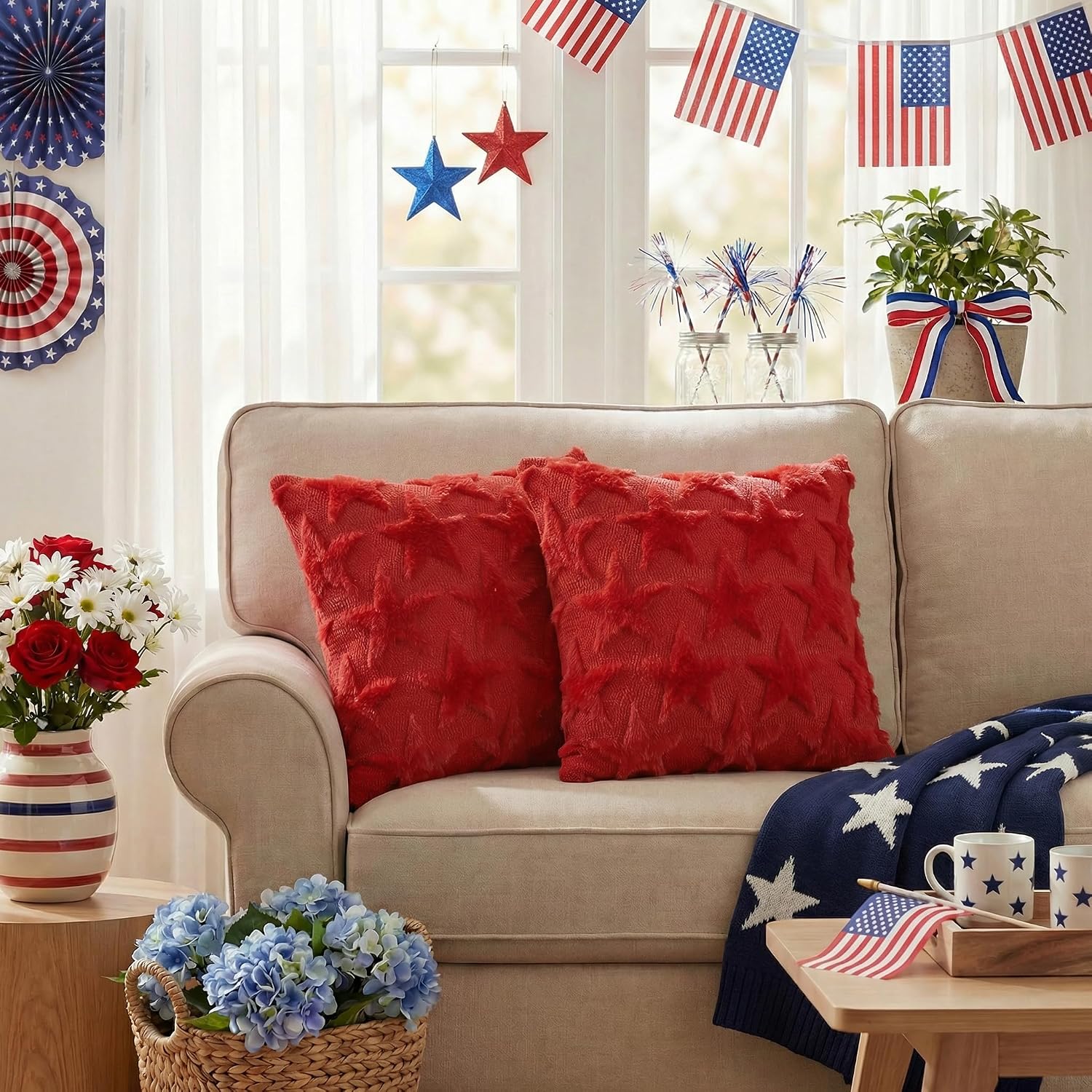 AVOIN colorlife 4th of July Stars Red Patriotic Throw Pillow Covers, 20 x 20 Inch Independence Memorial Day Soft Plush Faux Fur Jacquard…