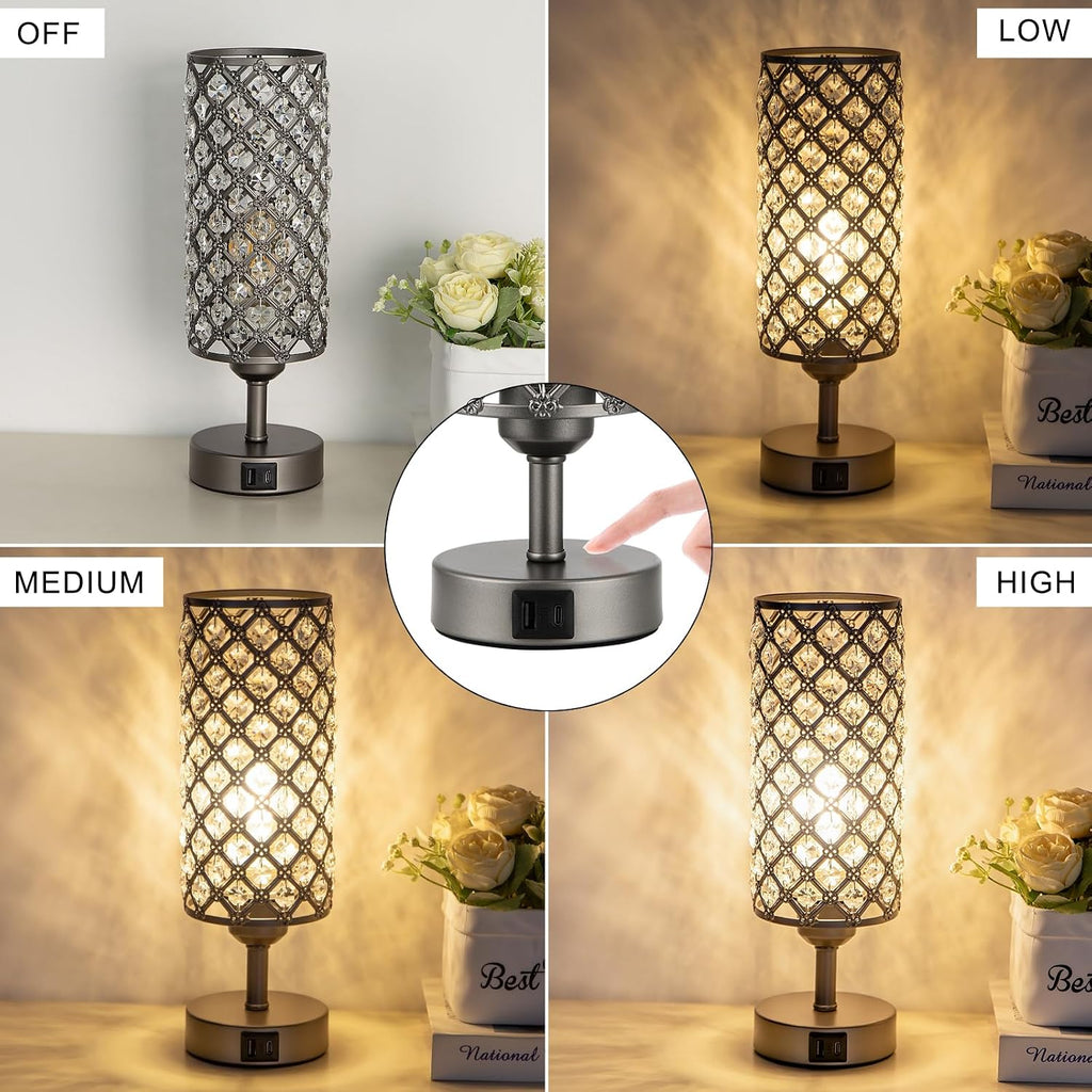 Hong-in Gray Crystal Table Lamp - 3-Way Dimmable Touch Control, Bedside Lamp with USB C and A Ports, Nightstand Light for Living Room…