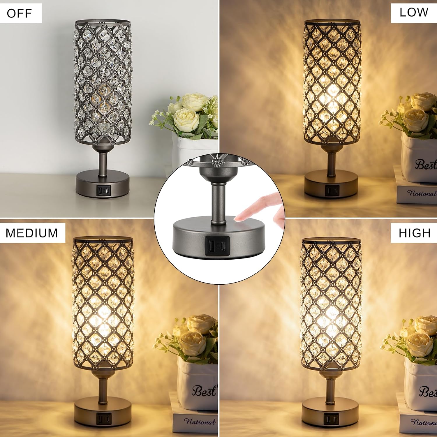 Hong-in Gray Crystal Table Lamp - 3-Way Dimmable Touch Control, Bedside Lamp with USB C and A Ports, Nightstand Light for Living Room…