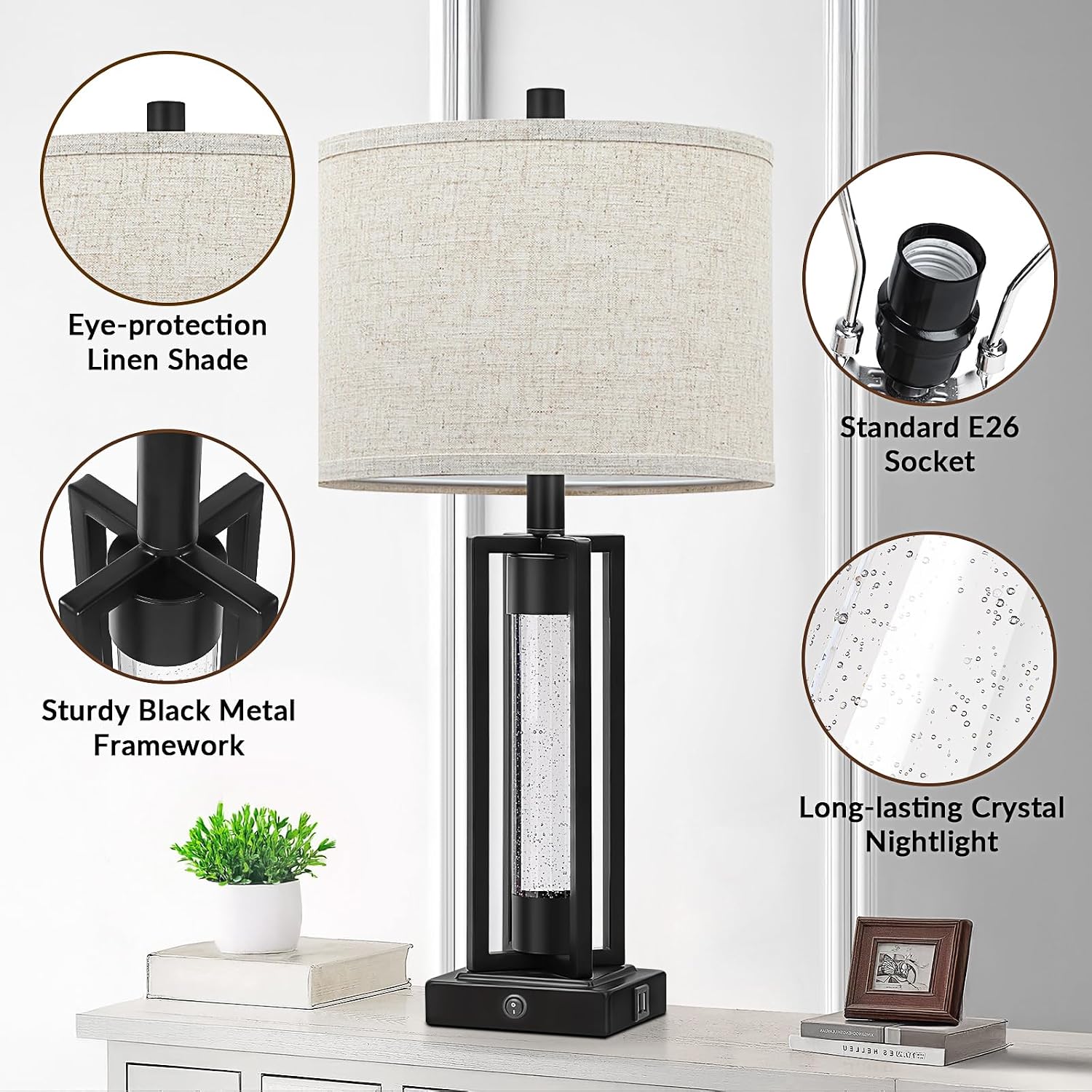 Tobusa 26’’ Farmhouse Table Lamp for Living Room, Vintage Crystal Nightstand Lamp with 2 USB Ports, Rustic Bedside Lamp with Fabric Shade,…