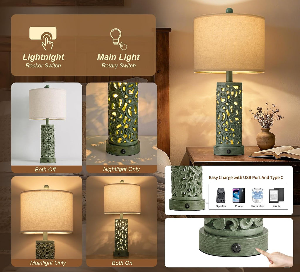 Oyears 22'' Table Lamp Set of 2 for Living Room, Farmhouse Lamp for Bedroom, Vintage Bedside Lamps with Retro Design and USB Ports, Linen S…