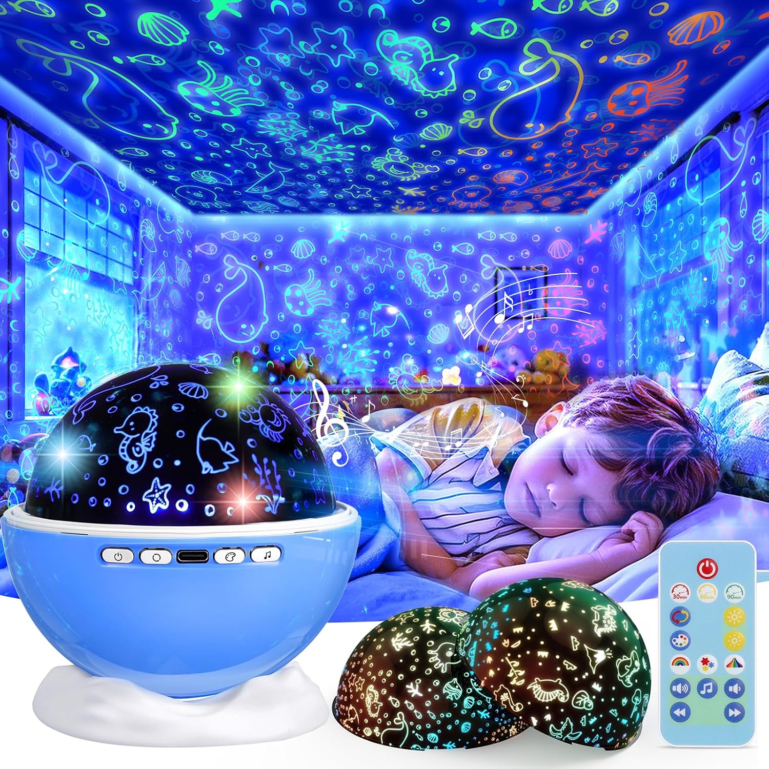 Night Light Projector for Kids Room with Remote and Timer, 360 Rotation, 3 Projection Films, 18 Light Modes, 8 Lullaby Songs, Kids Room…