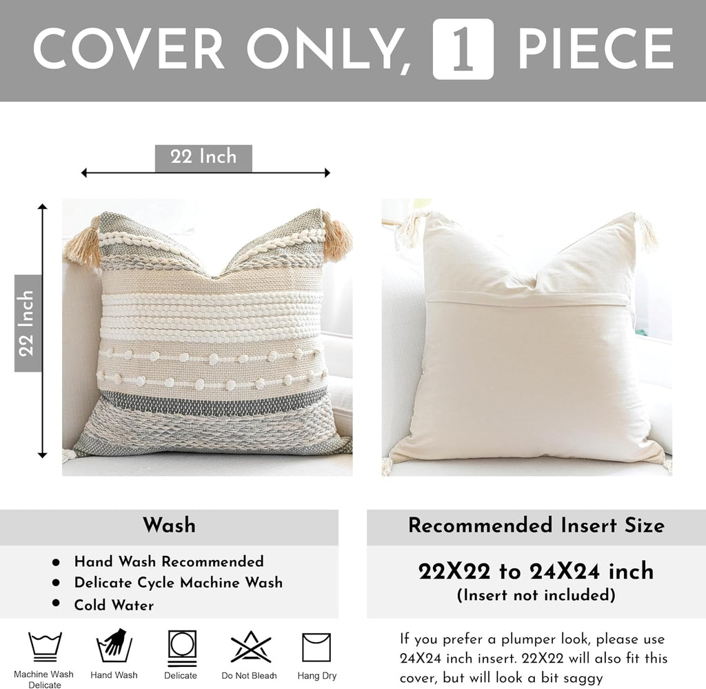 BlissBlush Gray Boho Throw Pillow Cover 22x22, Grey Decorative Accent Pillow for Couch, Square Woven Textured Pillowcase, Modern…