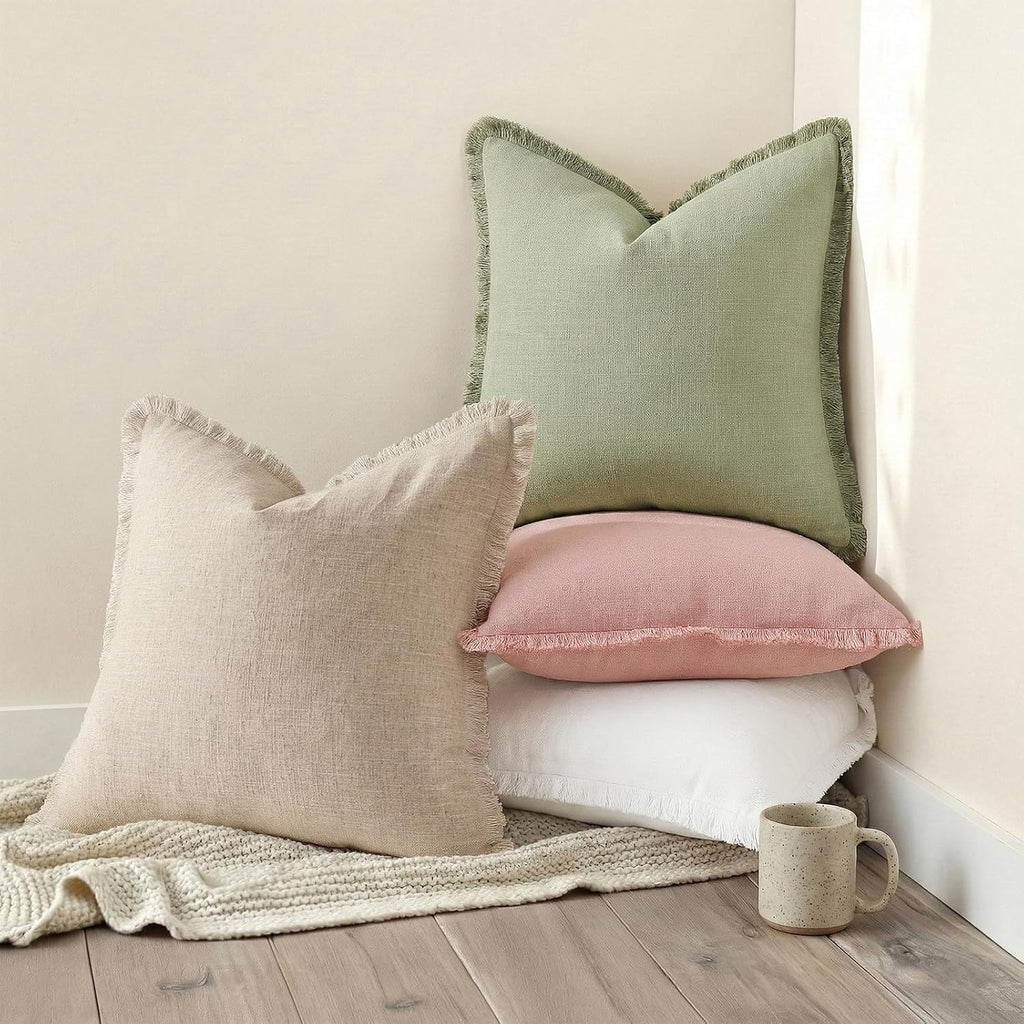 decorUhome Summer Decorative Neutral Linen Fringe Throw Pillow Covers Set of 2 Sage Green Pillow Covers with Tassels Soft Farmhouse Boho Ac…