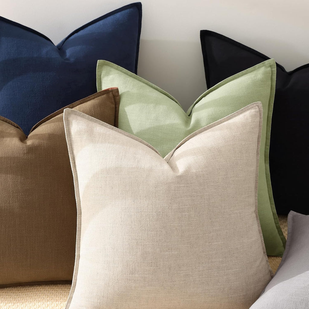 decorUhome Summer Decorative Linen Throw Pillow Covers 16x16 Inch Set of 2 Sage Green Pillow Covers with Flange Edges Soft Farmhouse Boho A…