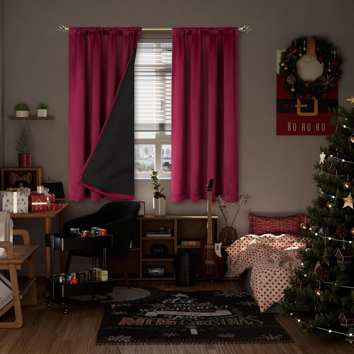 BGment Christmas Red 100% Blackout Curtains for Bedroom, Thermal Insulated Full Room Darkening Noise Reducing Thick Rod Pocket Curtains…