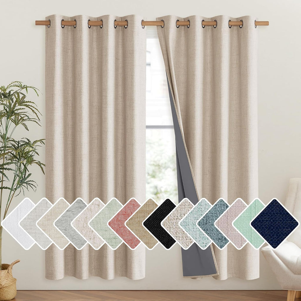 NICETOWN Cream Bedroom Full Blackout Linen Curtain Panels Set of 2, 52" by 72", Thick Insulated Classic Grommet Blackout Draperies with…