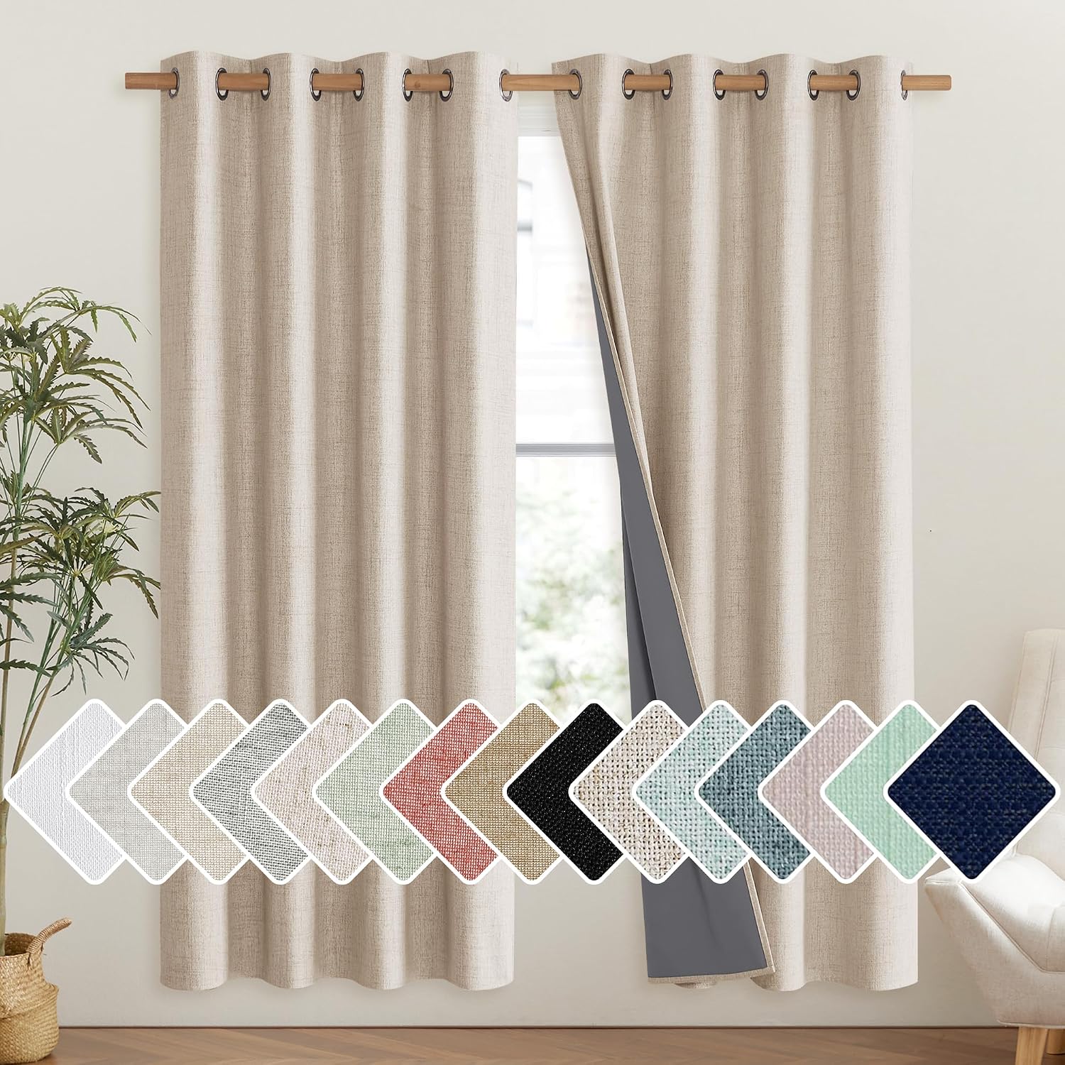 NICETOWN Cream Bedroom Full Blackout Linen Curtain Panels Set of 2, 52" by 72", Thick Insulated Classic Grommet Blackout Draperies with…