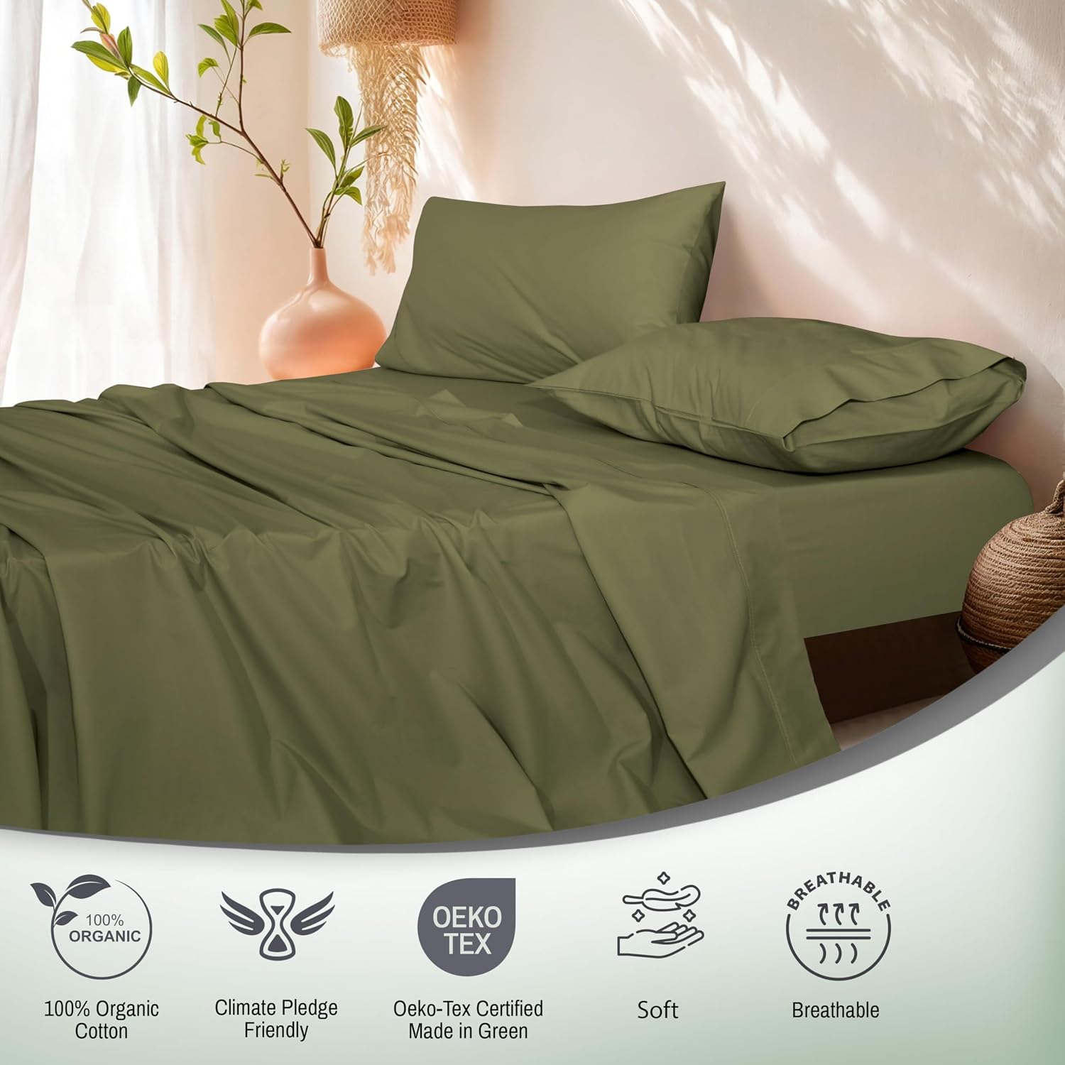 Ruvanti 100% Cotton Organic Percale Sheets Twin Size – Crisp Cooling Bed Sheets for Hot Sleepers, Deep Pocket 15”, Soft Peach Finish, Breat…