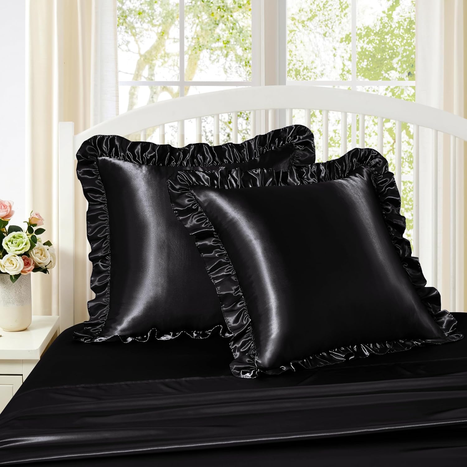 Homiest Ruffle Euro Sham Covers 26x26 Inch Set of 2, Black Satin Pillow Shams with 3 Inch Wide Decorative Ruffled, European Square Satin…