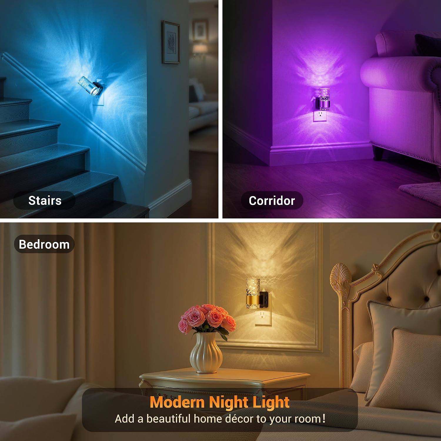 JandCase Night Lights Plug into Wall, Color Changing Night Light for Kids, 3000K+RGB 10-Color LED Nightlight with Light Sensor…