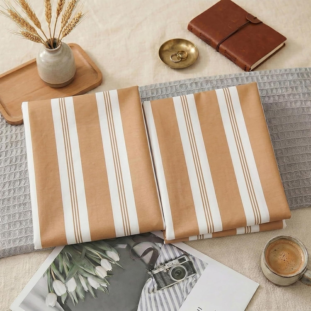 Merryword Khaki Striped Pillowcases, 100% Cotton Pillow Cases, Standard Size Pillowcases, Luxury Linen Like Pillowcase, Soft Breathable Str…