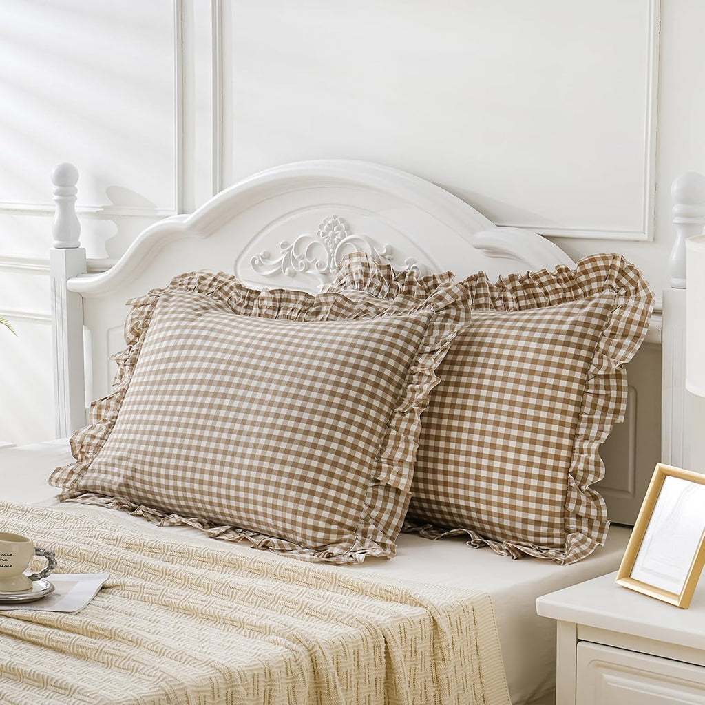 Qilunn 2 Pack Taupe White Plaid Gingham Ruffle Pillow Shams Standard Size 20x26 inches, 100% Washed Cotton Checkered Farmhouse Pillow Cover…