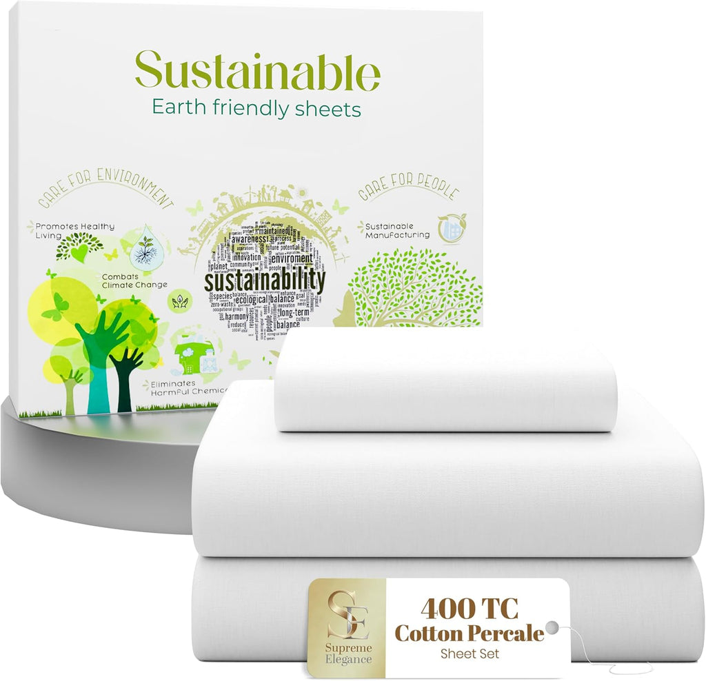 SupremeElegence SUPREME ELEGANCE 3 Pcs 100% Cotton Twin Sheets Set, Snow White, 400 Thread Count, Percale Weave, Cooling, Long Staple Cotto…