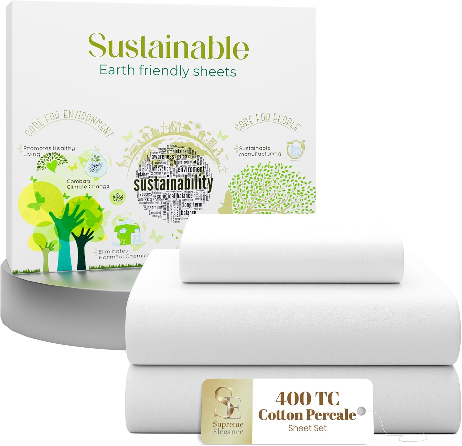 SupremeElegence SUPREME ELEGANCE 3 Pcs 100% Cotton Twin Sheets Set, Snow White, 400 Thread Count, Percale Weave, Cooling, Long Staple Cotto…
