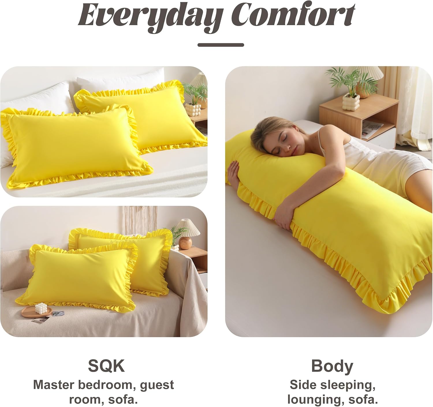 Bedsum Ruffled Body Pillowcase, 20x54 Body Pillow Cover, Brushed Microfiber with Envelope Closure, Soft Wrinkle-Resistant, Yellow