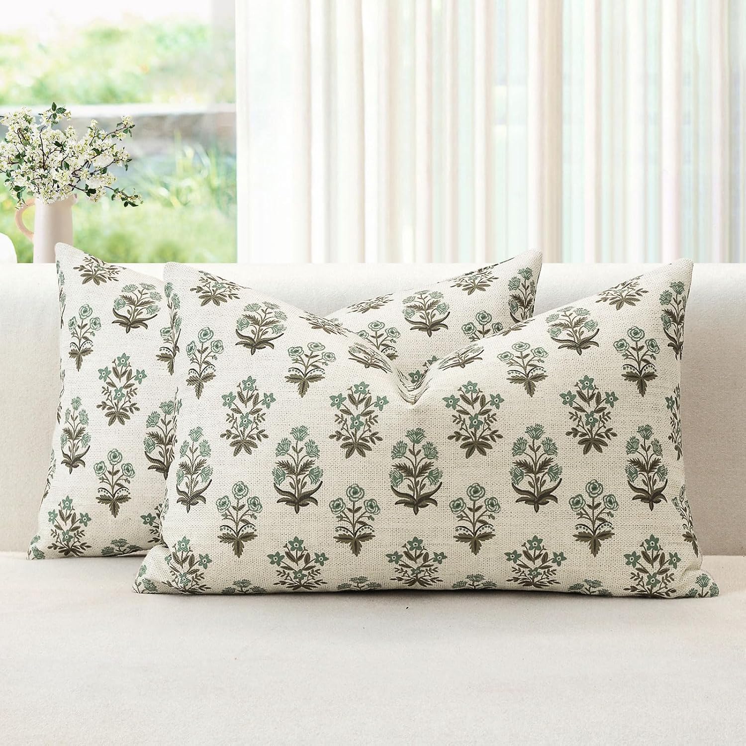 OTOSTAR Floral Print Pillow Covers 12x20 Inch Pack of 2 Double-Sided Brown Green Flower Lumbar Throw Pillow Covers Farmhouse Rustic…
