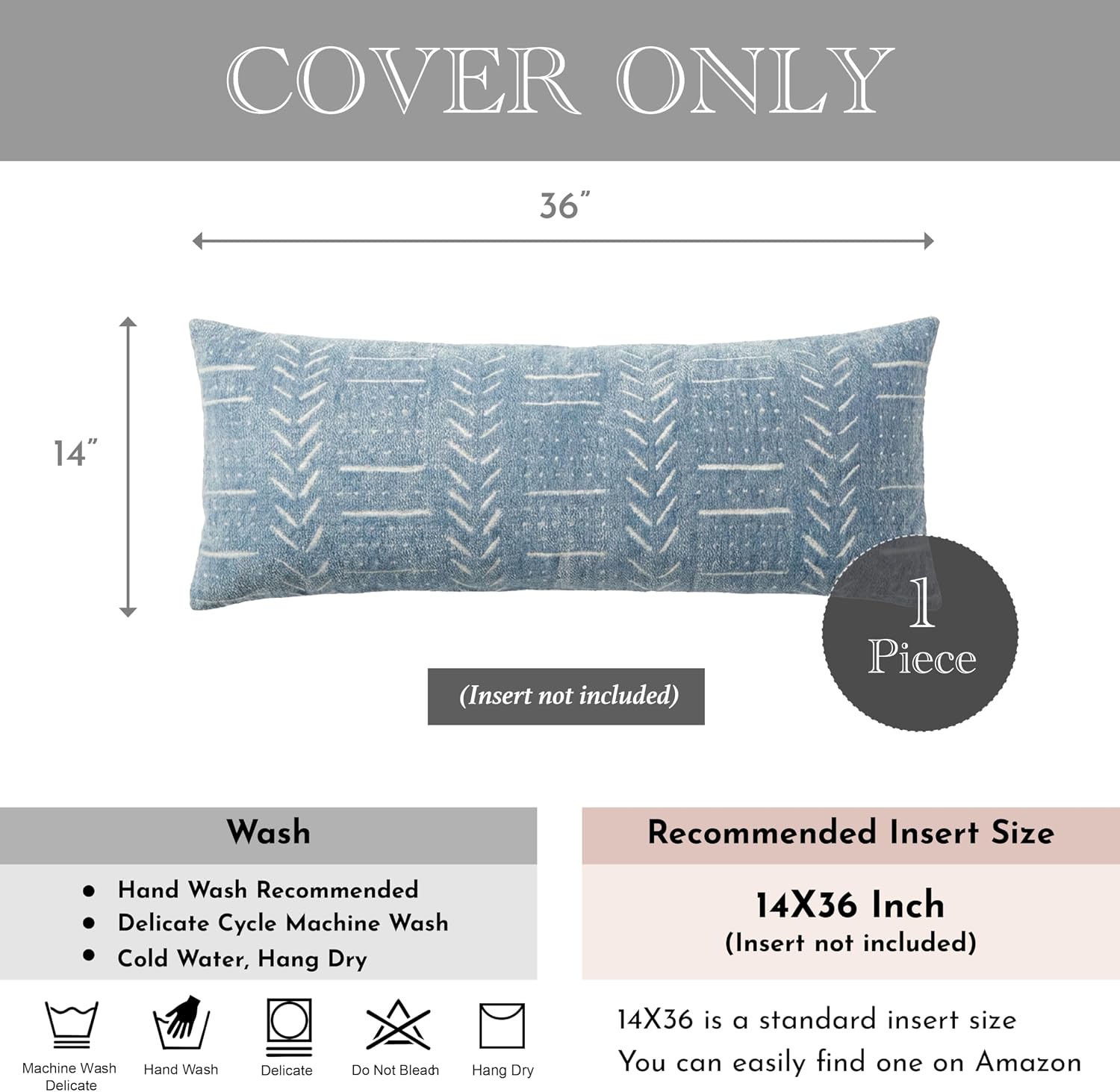BlissBlush Coastal Blue Lumbar Pillow Cover 14x36 for Bed, Accent Long Lumbar Pillow Cover for Bedroom, Soft Woven Chenille Textured…