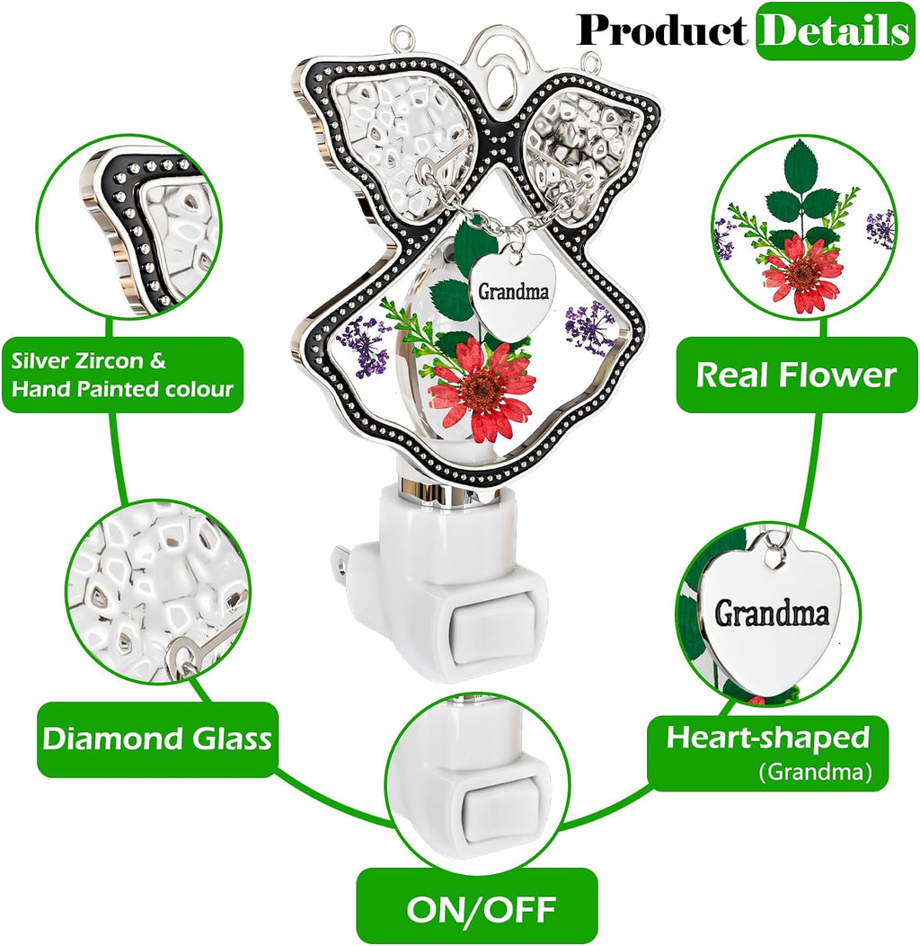 KY&BOSAM Night Light Grandma Stained Glass Angel Night Lights Plug Into Wall with Real Flower in Glass and Metal Charm Night Light for…