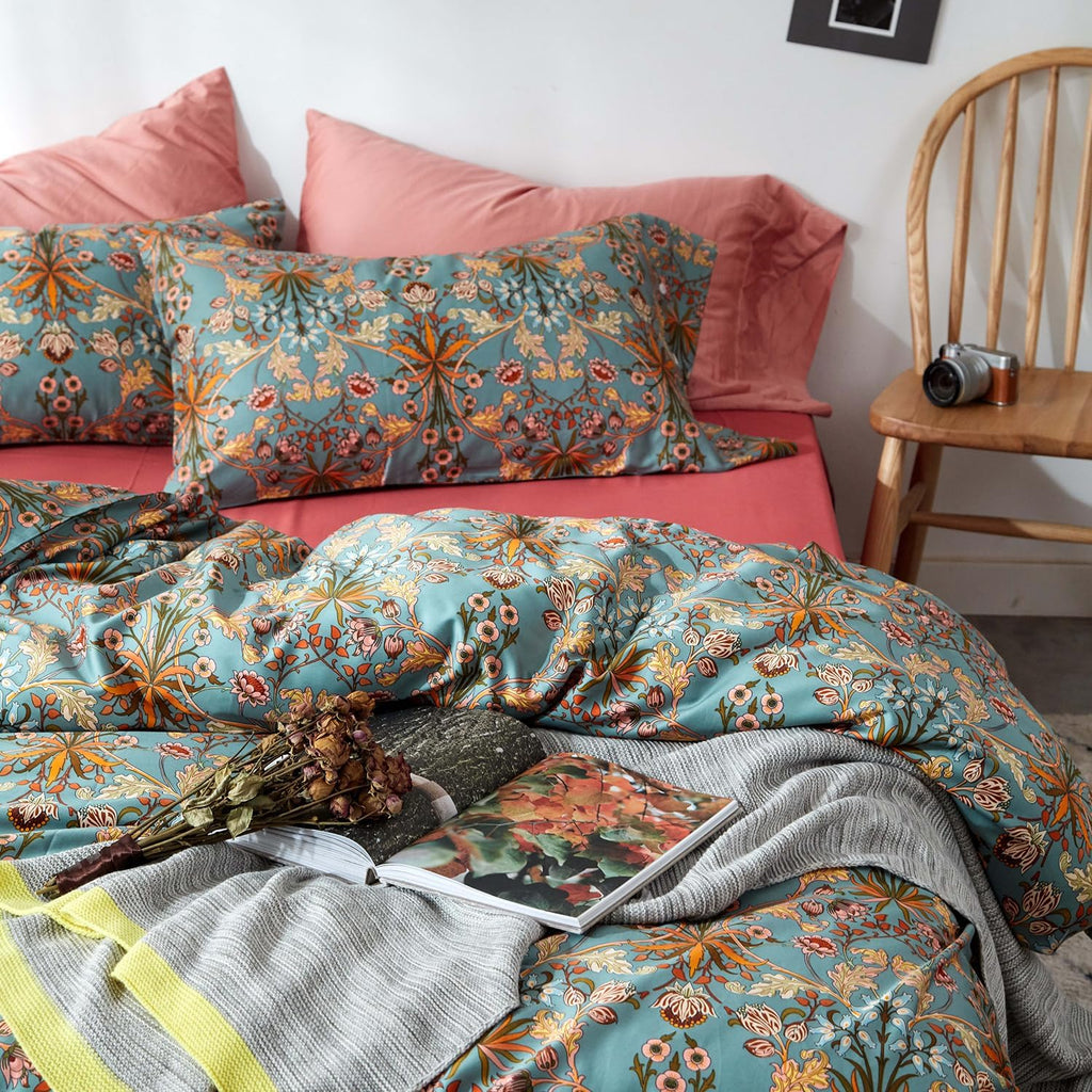 mixinni Vintage Style Garden Flower Duvet Cover Set with Zipper Closure Long Staple Percale Cotton Yellow Vibrant Pattern on Bedding Quilt…