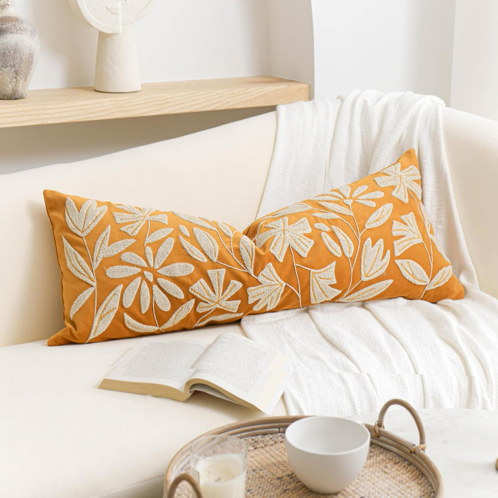 BlissBlush 14x36 Lumbar Pillow Cover for Bed, Yellow Mustard Rectangular Long Throw Pillowcase, Embroidered Velvet Floral Tufted…
