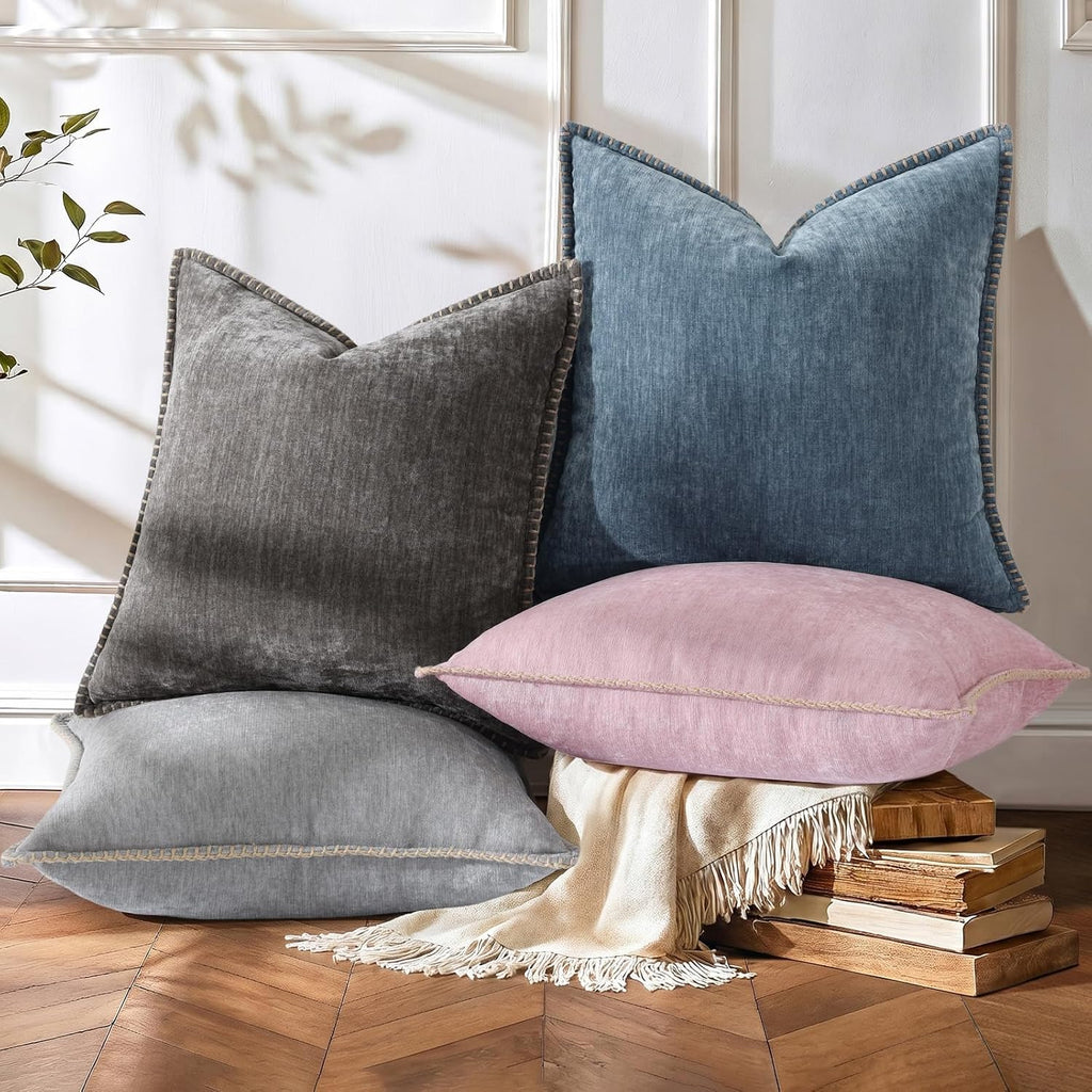 decorUhome Chenille Soft Throw Pillow Covers 16x16 Set of 2, Farmhouse Velvet Neutral Decorative Pillow Covers with Stitched Edge for Couch…