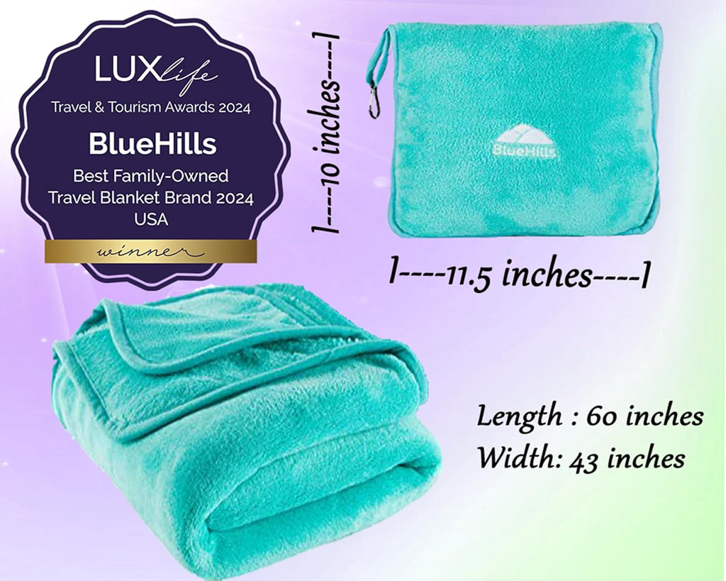 BlueHills Premium Soft Travel Blanket Pillow Airplane Blanket Packed in Soft Bag Pillowcase with Hand Luggage Belt and Backpack Clip…