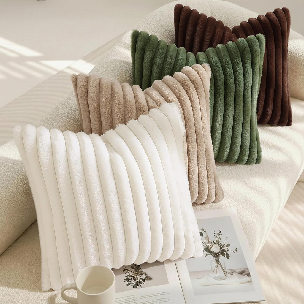 decorUhome Summer Cozy Faux Fur Throw Pillow Covers 12x20 Set of 2 Decorative Soft Plush Striped Lumbar Modern Farmhouse Boho Couch Pillow…